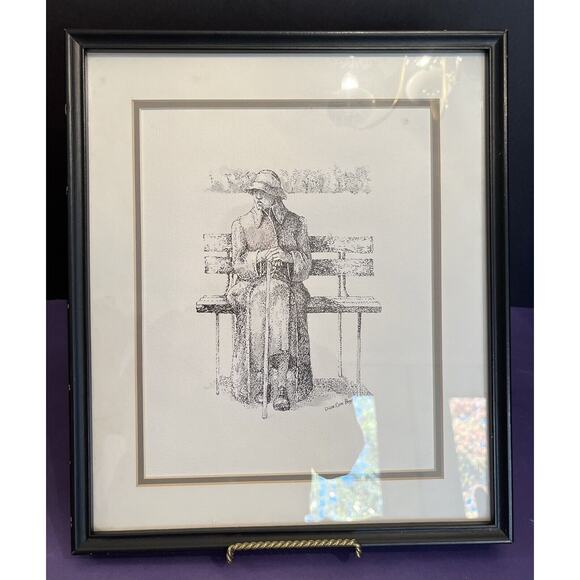 Framed Graphite Pencil Sketch Drawing “Woman on Park Bench” Diane Cone Booty - Picture 1 of 4